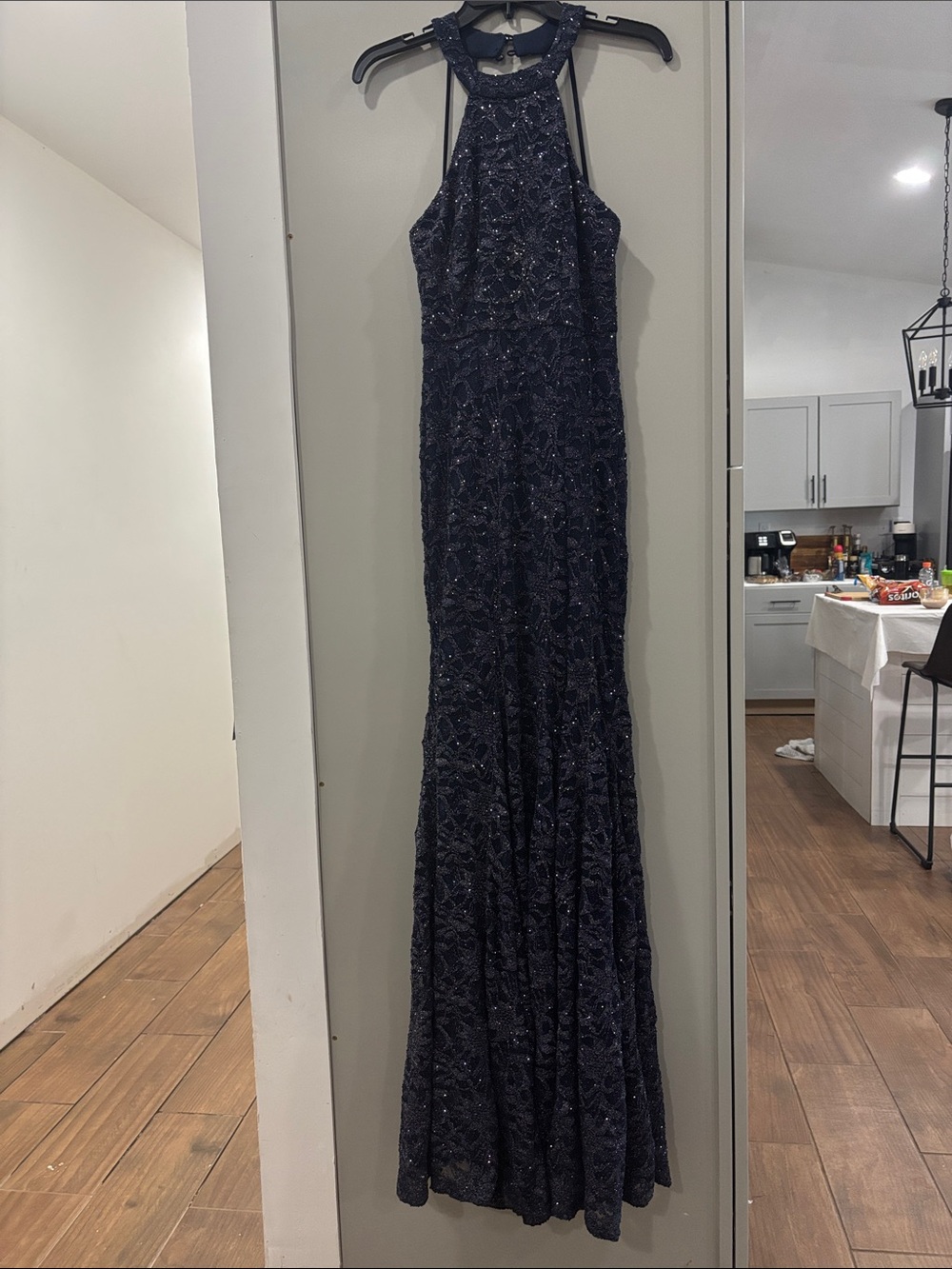 B. Smart Navy Beaded Halter Evening Gown